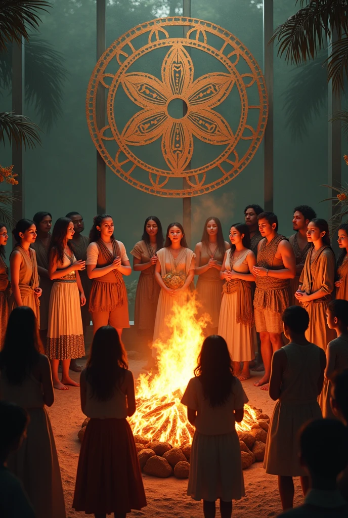 Group of indigenous and white men and women all dressed in clothing around the bonfire with their hands raised and thanking God for life with the glass bottom and the symbol of a mandala drawn on the wall in the background with tobacco medicine, image ultra realistic, with children running in the background