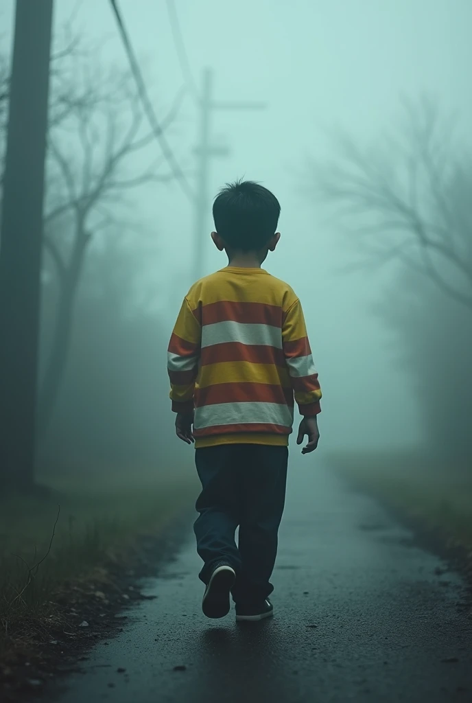 4-year-old boy in the fog with a yellow, white and red horizontal striped shirt on a terrifying morning