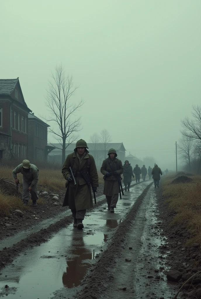 A desolate landscape with ruined buildings in the background, where Red Army soldiers walk along a muddy road, without carrying weapons, While farmers and villagers try to rebuild their homes in the background, under a grey sky that reflects sadness and hope mixed together.