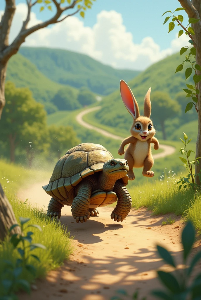 The turtle, sweating and tired but determined, slowly crosses the finish line just as the rabbit arrives too late.