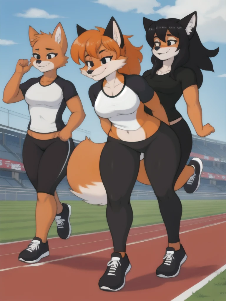 Furry, fox, female, black shirt, black leggings, shoes, running track, friends, full body