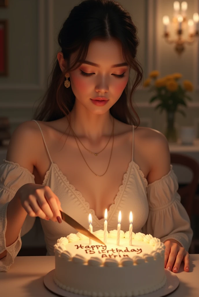 (photorealism:1.2), a beautiful girl cutting a birthday cake, on the cake wrote happy birthday afrin