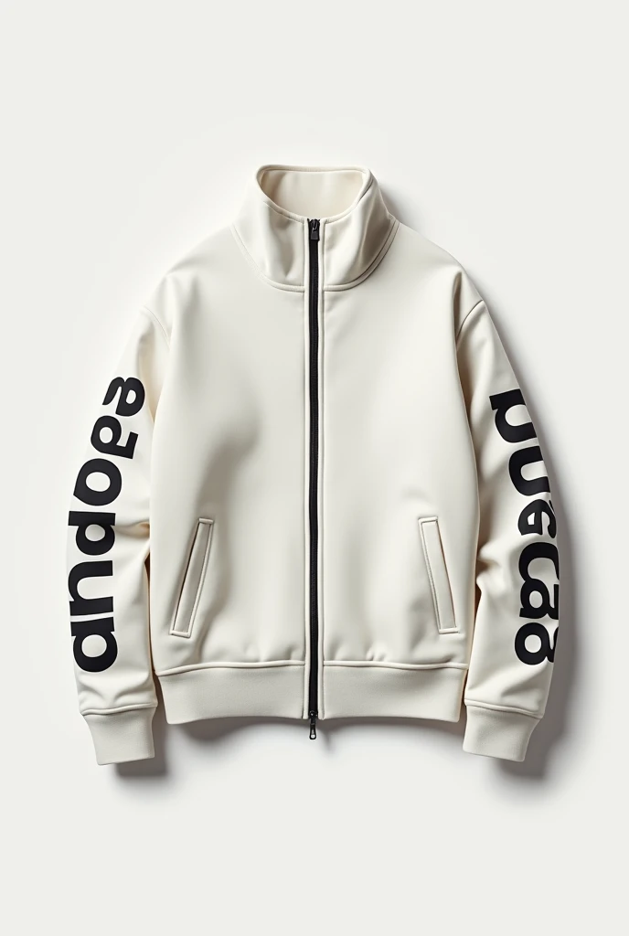 Create a white and lead colored zippered sweater that says andoas on one sleeve, head on