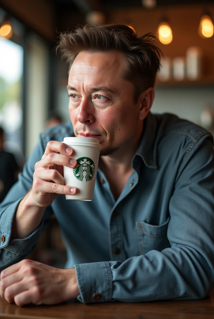 elon musk spotted in starbucks, 8k wallpaper, photo quality, close up, realistic photograph, perfect focus, elon musk face