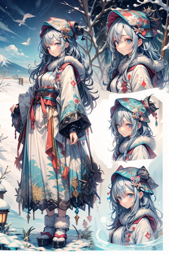 A personified character representing Hokkaido, Japan, with design elements reflecting the region's cold climate and natural beauty. The character is dressed in a thick, fur-lined coat, with a warm, fluffy scarf and a hat adorned with fur accents. Their hair is long, straight, and silver or white, evoking the image of snow, or a light blue resembling the clear winter sky. The character's accessories include elements inspired by Hokkaido's famous lavender fields and the cultural motifs of the Ainu people. Their expression is gentle and kind, with a quiet, serene demeanor that captures the essence of Hokkaido's tranquil landscapes. The color palette features cool tones, including whites, blues, and other shades reflecting snow, ice, sky, and sea.