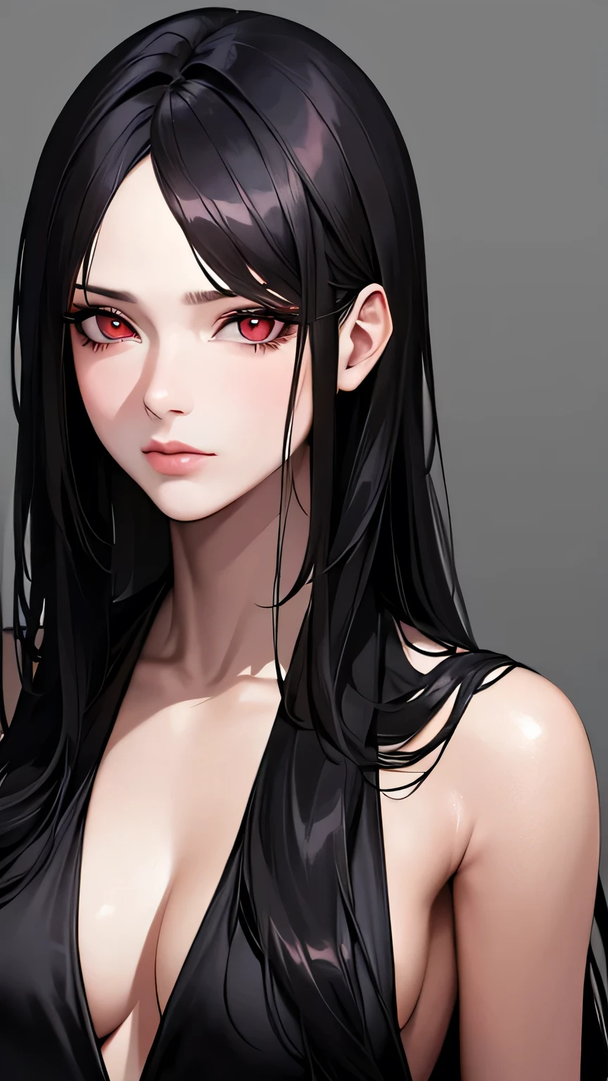 ((Highest quality)), Ultra-high resolution,Adult women, alone, sexy, (Stern face), (Red eyes), Beautiful face in every detail,(High resolution detail of human skin texture), (Black irregular long hair), Black coat,Black suit pants,A mercenary woman,（have a gun in hand）,Realistic:1.4,Realistic:1.4,Dark room,((masterpiece)),Perfect and detailed eyes,Waist up shot