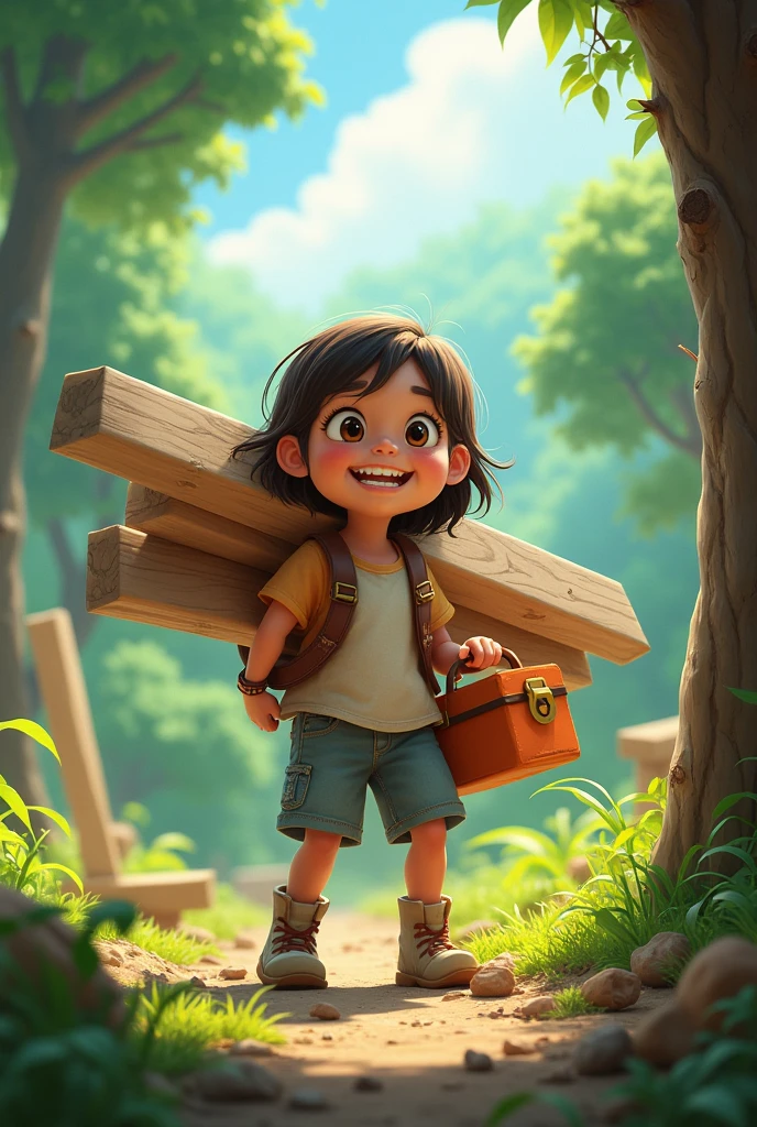 Gathering Materials:

Prompt: "The young girl excitedly carrying planks of wood and a toolbox towards the tree, with a look of determination. The scene includes a vibrant forest with other construction materials scattered around."