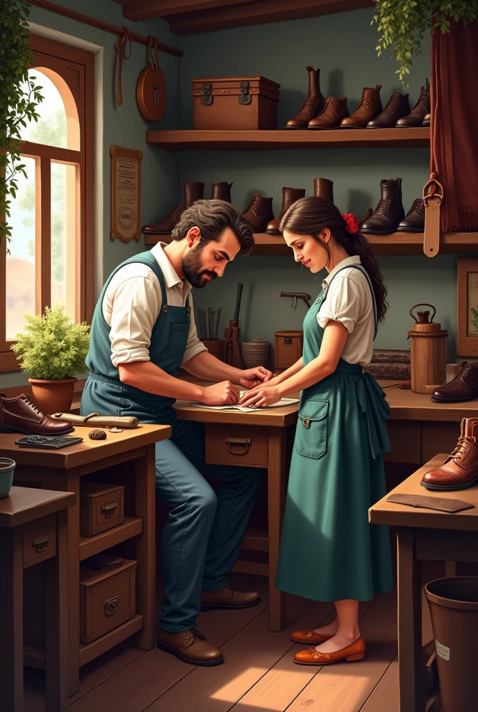 Inside a house, A man is working in his shoe workshop. , while his wife Rosa watches him with a smile.
