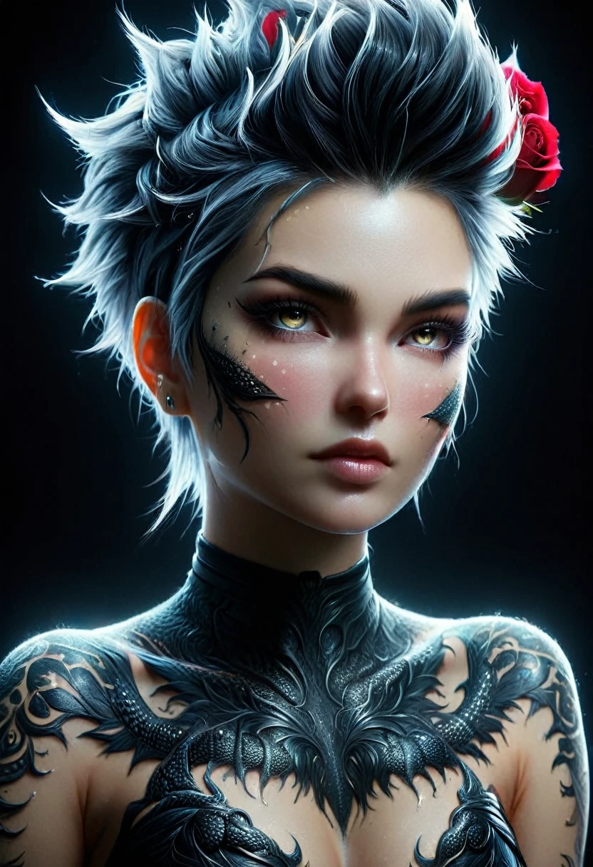 Best quality, 4K, 8 K, a high resolution, masterpiece , Ultra detailed , back of beautiful punk woman with black dragon and roses tattoo, perfect body, mohawk hair , photorealistic , complex parts , very detailed face, extremely detailed facial features, hyper-realistic skin texture, detailed skin texture, masterpiece, 8 K, beautiful detailed eyes, beautiful detailed lips, very detailed face, long eyelashes, realistic, Very detailed, Great, photorealistic, dramatic lighting, moody lighting, cinematic lighting, physically based rendering, bright colors, dramatic lighting, complex parts, Cinematic composition, gothic fashion, dramatic pose