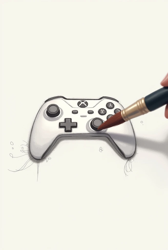 An image showing a paintbrush painting the sketch of a standard video game controller with a minimalist theme