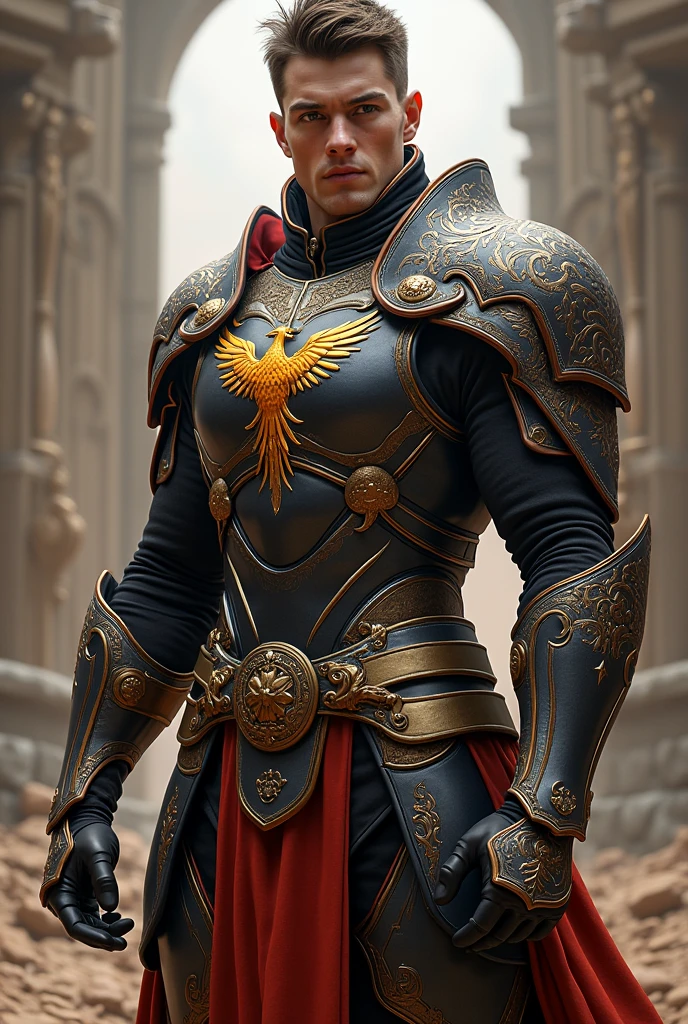 make a tall young man, and wears armor that is inspired by the phoenix, that the armor covers the entire body and leaves nothing exposed, and that the hair has a cut that leaves the hair not so long