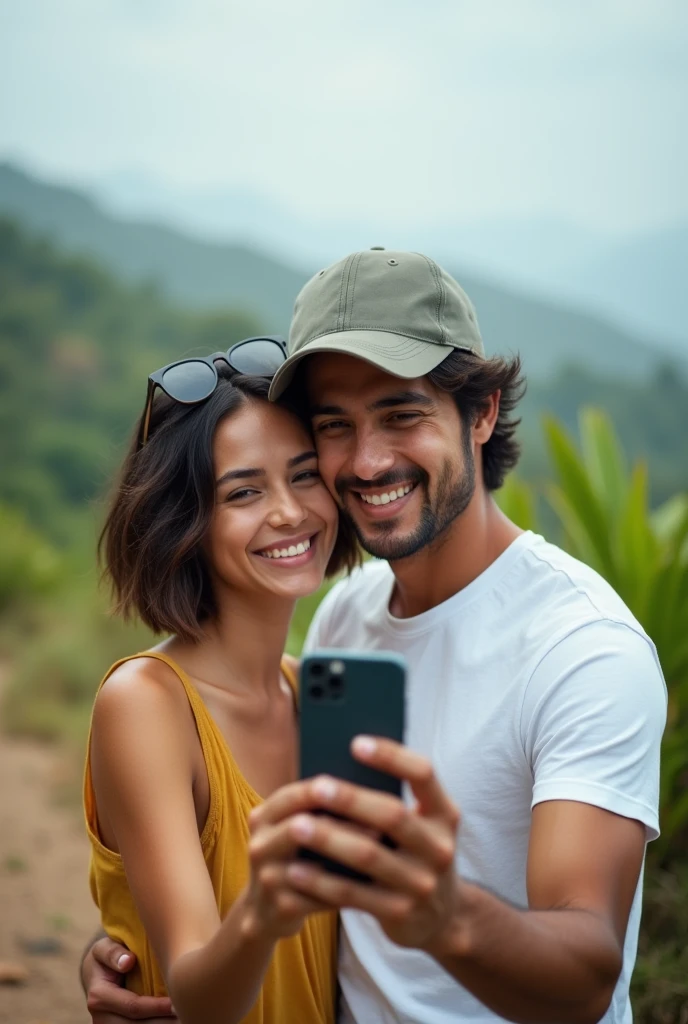 Beautiful latin couple with baseball cap and white t-shirt (taking a picture with their cell phone in a great landscape), Highly detailed, 25 years old, innocent face, short natural hair, High resolution, Masterpiece, Best quality, Intricate details, Highly detailed, Sharp focus, Detailed skin, Realistic skin texture, Detailed eyes, Professional, 4k, Charming smile, Shot on Canon, 85mm, Depth of field, Kodak vision color, Perfect fit body, Extremely detailed, Photo_(ultra\), photoRealistic, Realistic, Post-processing, Maximum detail, Roughness, Real life, Ultra Realistic, photorealism, photography, 8k hd, Hyper realistic image photography with a lens aperture of 1.4 at a focal length of 50mm.