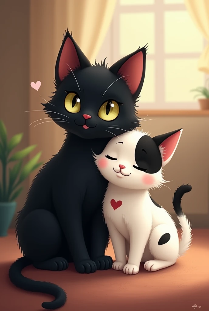 Two cats, one all black and the other smaller and white with a black spot on its ears and forehead and a heart-shaped spot on its side. 