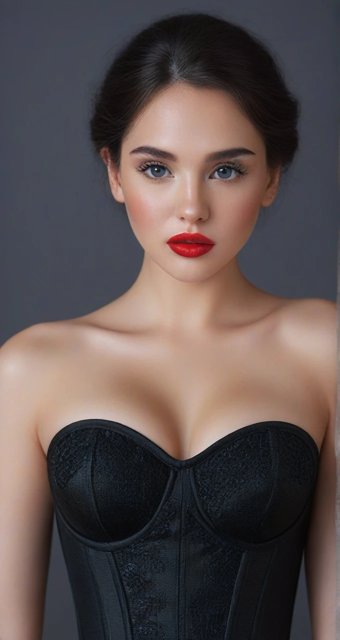 (best quality,4k,8k,highres,masterpiece:1.2),ultra-detailed,(realistic,photorealistic,photo-realistic:1.37),beautiful eyes,beautiful lips,detailed face,red lipstick,gorgeous woman, sexy black dress, sexy elegant fashion model, sexy elegant look,long eyelashes,confident expression,flawless skin,posing gracefully sexy,head to stomach shot, black mesh strapless corset, sexy naked medium Breasts,flowing fabric,soft and silky material,graceful movement,vibrant colors,artistic lighting,studio photo shoot, dreamy atmosphere