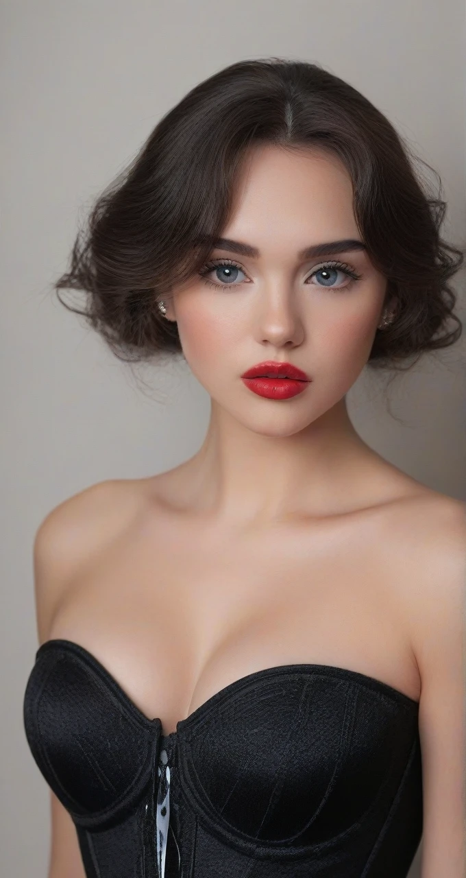 (best quality,4k,8k,highres,masterpiece:1.2),ultra-detailed,(realistic,photorealistic,photo-realistic:1.37),beautiful eyes,beautiful lips,detailed face,red lipstick,gorgeous woman, sexy black dress, sexy elegant fashion model, sexy elegant look,long eyelashes,confident expression,flawless skin,posing gracefully sexy,head to stomach shot, black mesh strapless corset, sexy naked medium Breasts,flowing fabric,soft and silky material,graceful movement,vibrant colors,artistic lighting,studio photo shoot, dreamy atmosphere