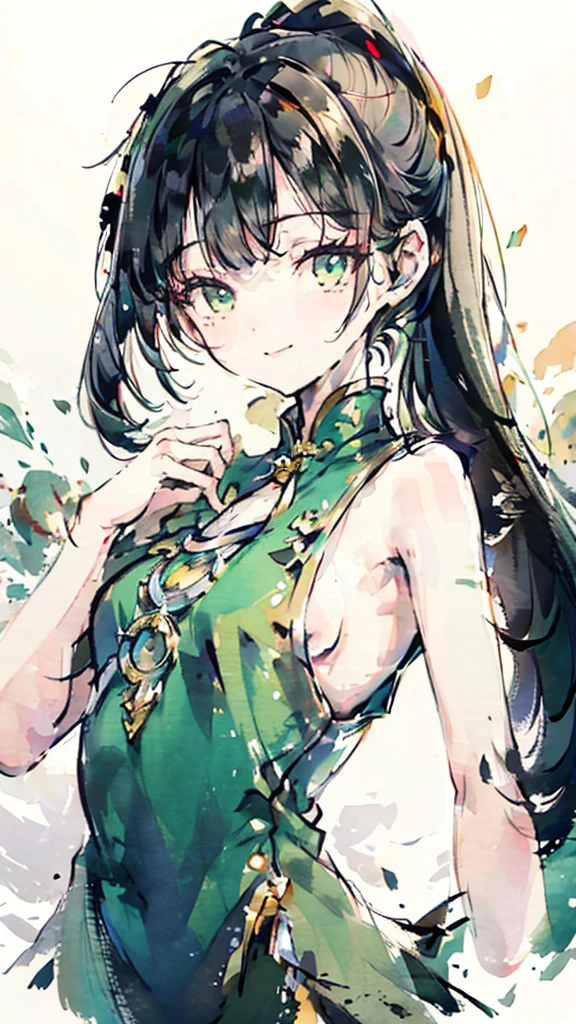 short girl, 1girl, solo, masterpiece, highres, solo, 8k, detailed, perfect face, best quality, (ultra high quality), (looking at viewers), (armpit), bare arms, small breast, sideboob, black hair, long hair, ponytail hair, hair bangs, green eyes, chinese dress, traditional dress, green dress, slim body, upper body, smile, hand up