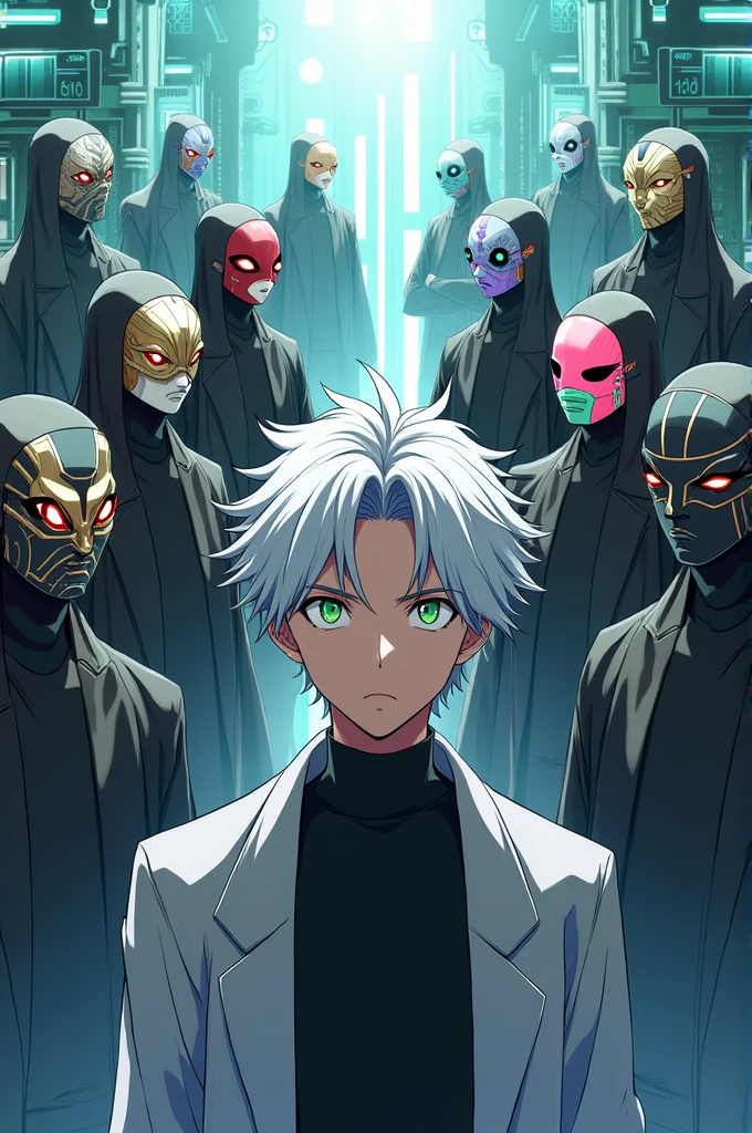An anime picture of 10 masked geniuses with a male main character with white hair and green eyes