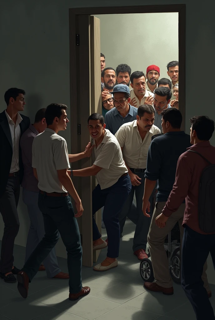 Create a narrow door and people trying to get through it