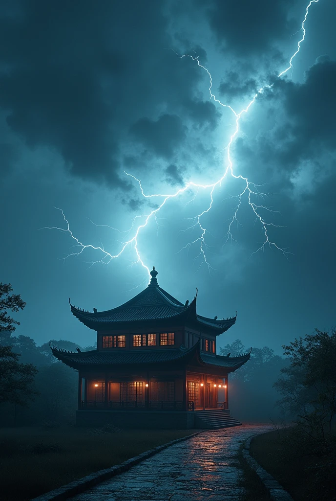 A Vision in the Sky，Unpredictable，Thunder and lightning，A stormy night，Exterior view of a wealthy Chinese-style ancient house，unmanned，Movie quality，Movie storyboard，8k，Ultra-clear，Hyperrealism