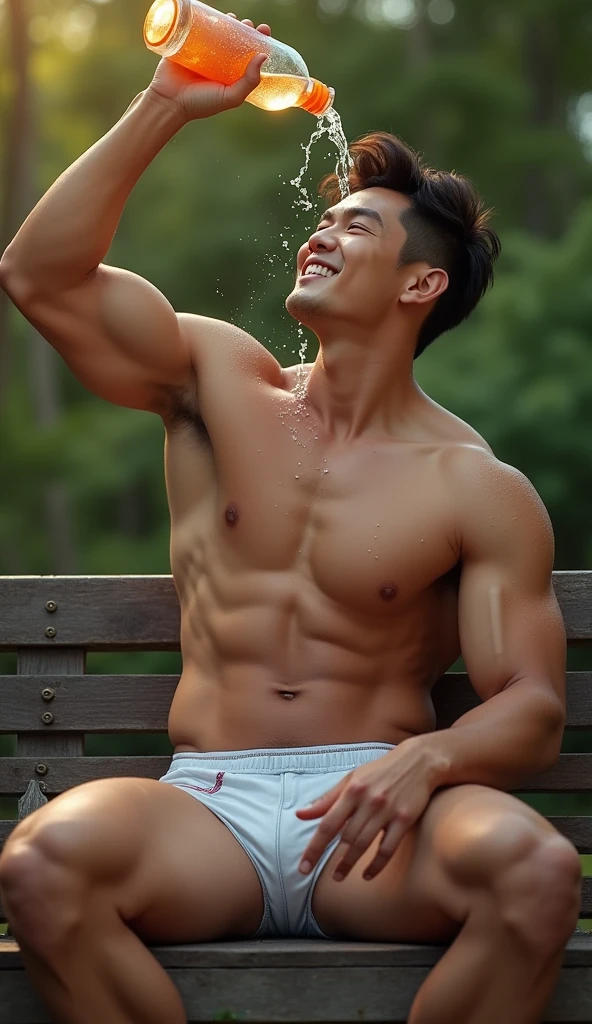 photorealistic, best quality, masterpiece, extremely detailed, , homoerotic, extremely handsome, youthful, 25 year old muscular taiwanese man, ((muscular bodybuilder)), ((massive thighs)), tight booty shorts, big bulge, very sweaty, big smile, happy, sitting relaxed on bench, pours water out of water bottle on his head, at park, extremely romantic atmosphere, perfect face, perfect fingers, perfect hands, perfection