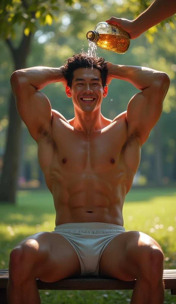 photorealistic, best quality, masterpiece, extremely detailed, sexy, homoerotic, extremely handsome, youthful, 25 year old muscular taiwanese man, ((muscular bodybuilder)), ((massive thighs)), tight booty shorts, big bulge, very sweaty, big smile, happy, sitting relaxed on bench, pours water out of water bottle on his head, at park, extremely romantic atmosphere, perfect face, perfect fingers, perfect hands, perfection