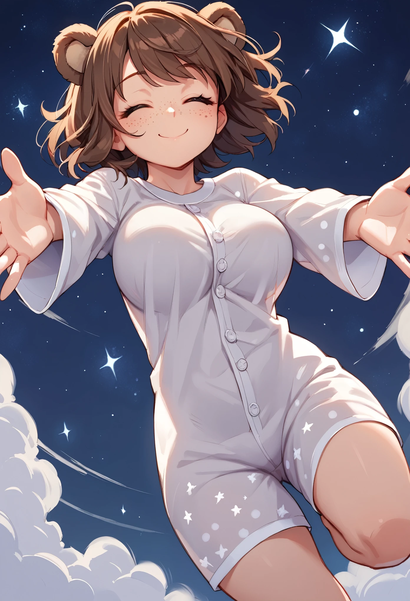 score_9_up, score_8_up, score_7_up, 1girl, solo, source_anime, hourglass figure, Big breasts, kemonomimi, bear ears, brown hair, short hair, messy_hair, closed eyes BREAK freckles, (dreaming she can fly), white pajamas, polka dot pijamas, barefeet, smile, closed mouth, happy, (flying), spread arms, night sky, starry sky, 