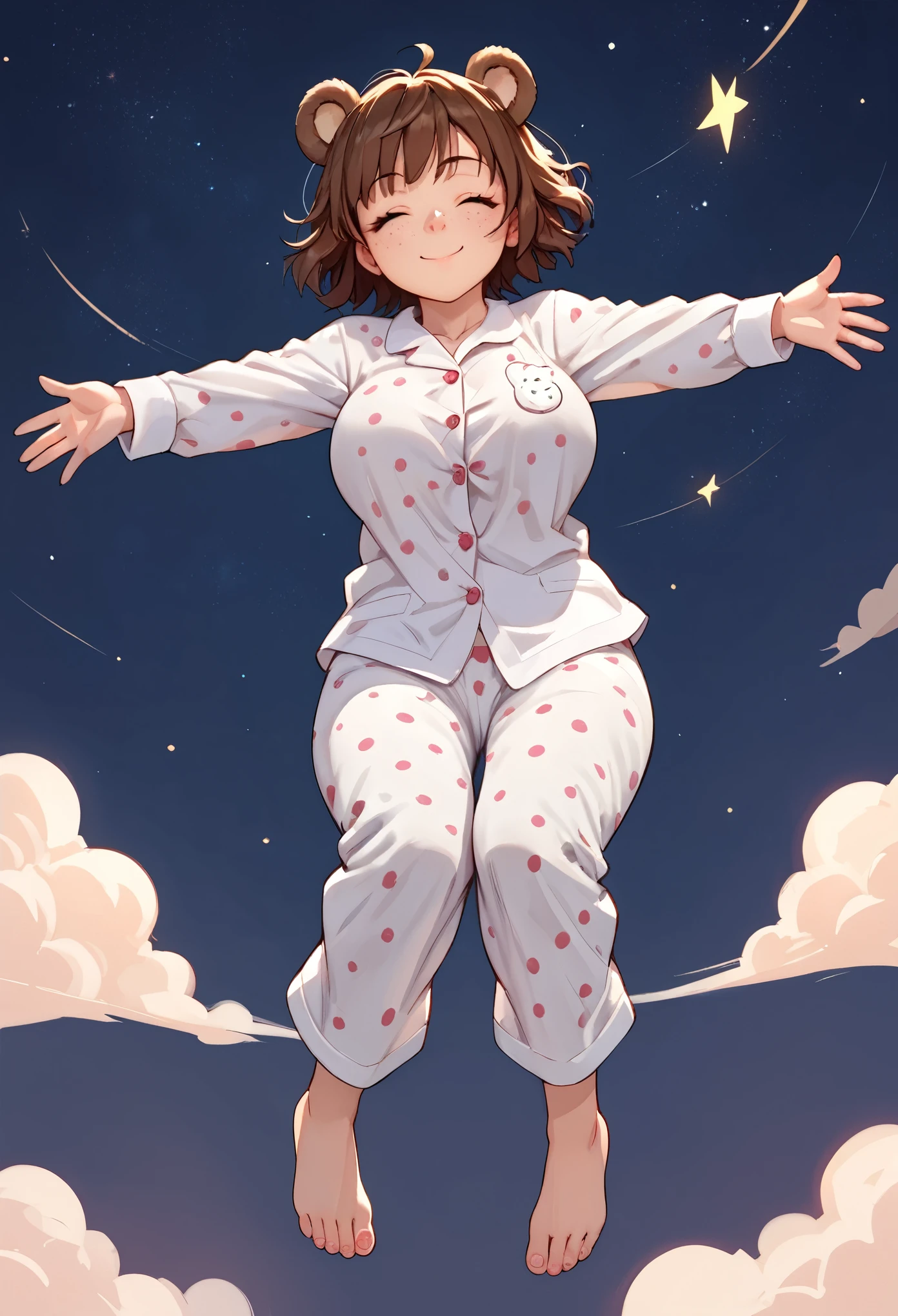 score_9_up, score_8_up, score_7_up, 1girl, solo, source_anime, hourglass figure, Big breasts, kemonomimi, bear ears, brown hair, short hair, messy_hair, closed eyes BREAK freckles, (dreaming she can fly), white pajamas, polka dot pijamas, barefeet, smile, closed mouth, happy, (flying), spread arms, night sky, starry sky,