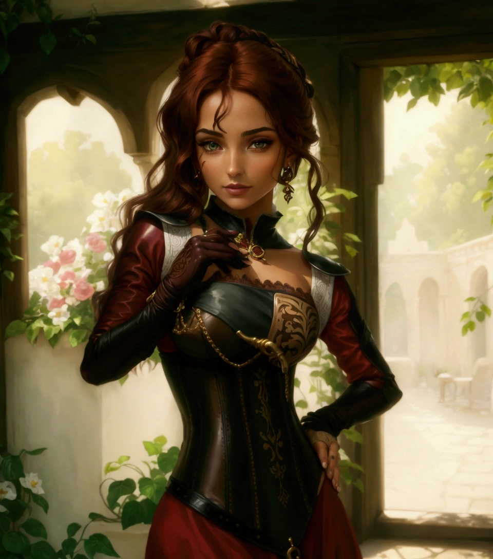 Woman, Auburn Hair, Tanned Olive Skin, Hooked Nose, Wine Colored Dress, Leather Corset, Gold Jewelry, Painting, Portrait, renaissance era, medieval era, Sun lit room, soft, warm, nostalgic lighting, in a garden, green eyes, fingerless gloves, sharp facial features, alluring make up, wavy hair, long hair, thin eyebrows, foxy eyes, delicate hands.