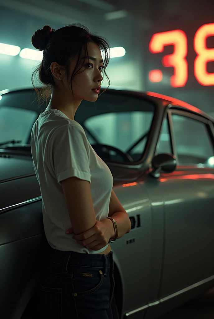 Japanese woman posing next to a car,model、  （"BUDDICA" It is written there）,Look away from the viewer, T-Shirts, Cinema Lighting, Shine、Great view point