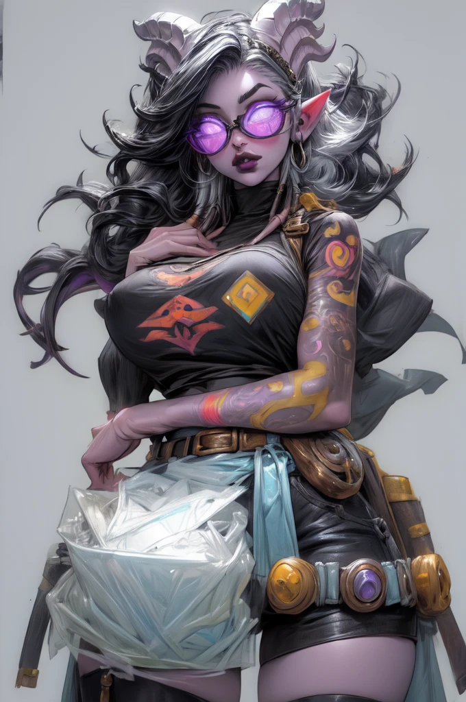 masterpiece, best quality, 1girl, solo, draenei, glowing eyes, colored sclera, tail ornament, hooves, white skin, blue eyes, black hair, shiny silver pouty lips, (tentacle hair:0.8), close-up, upper body, hair ornament, plump and large breasts, shiny skin, shiny silver lipstick, goggles , bob hair cut, fantasy, magic, psy powers, leather apron, toolbelt, mechanic, glasses, apron pouch with tools