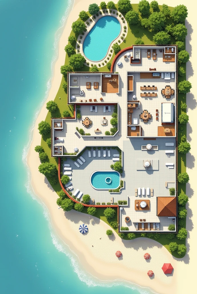 2D floor plan of a beach hotel showing the reception area first, The restaurant space, The recreation space, The L-shaped parking lot One part in front and the rest alongside, 7 guest rooms, A SPA room, An area for people with disabilities, three pools, Connection with green areas, That can be something like an open space and a septic tank.