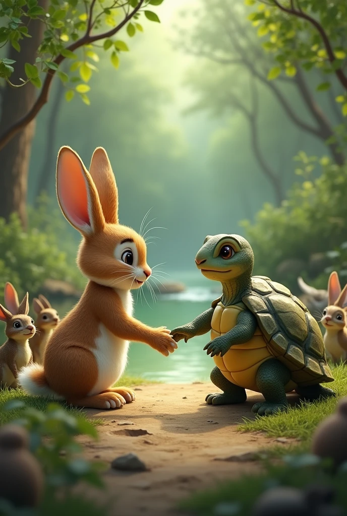 The rabbit, humbled, shakes hands with the turtle. The other animals gather around, nodding in agreement.