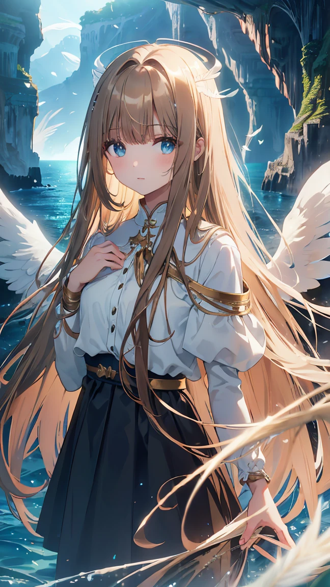 brown long hair, straight hair, bangs, halo, perfect eyes, soft light, high quality, 4k resolution, ((angel)), ((An angel with wings on her back)), an angel descending from the sky, feathers scattered in the background, light shining, swan wings, swan feathers, blue cave in Italy, Blue Grotto (Capri)