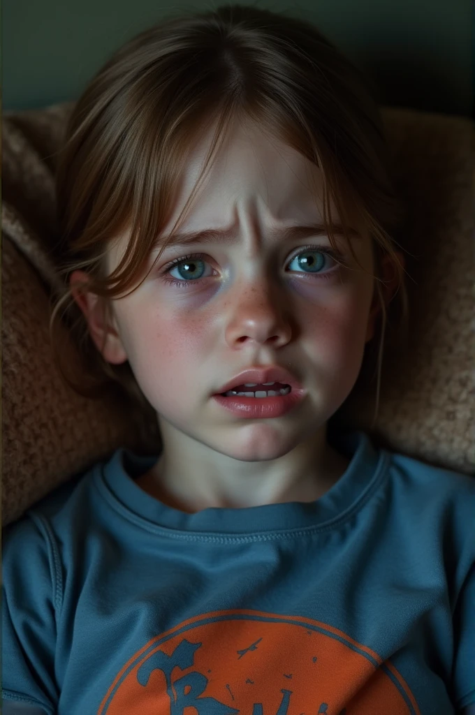 ((best quality)), ((masterpiece)), (detailed), perfect face, Ellie de the last of us, crying, very sad, closeup of face, sitting on a sofa, Blue and yellow wool t-shirt with orange and white print