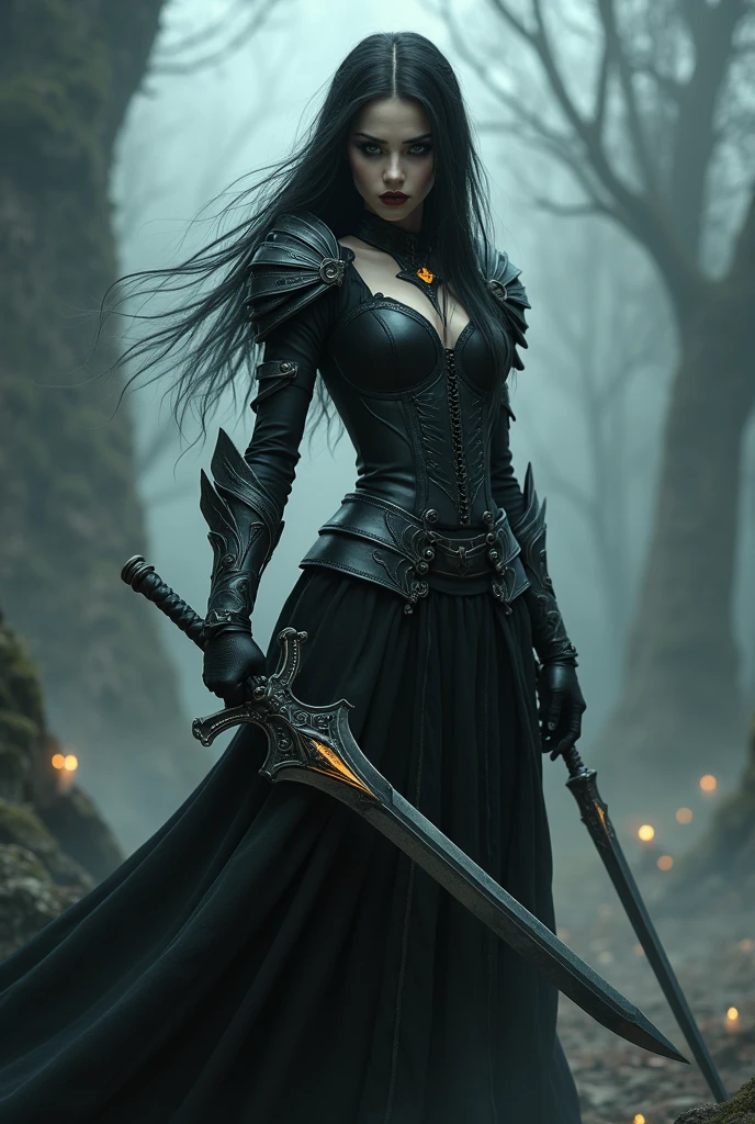 keep the art style but turns to a gothic girl warrior with a sword with a powerful aura using the first picture that you gave me