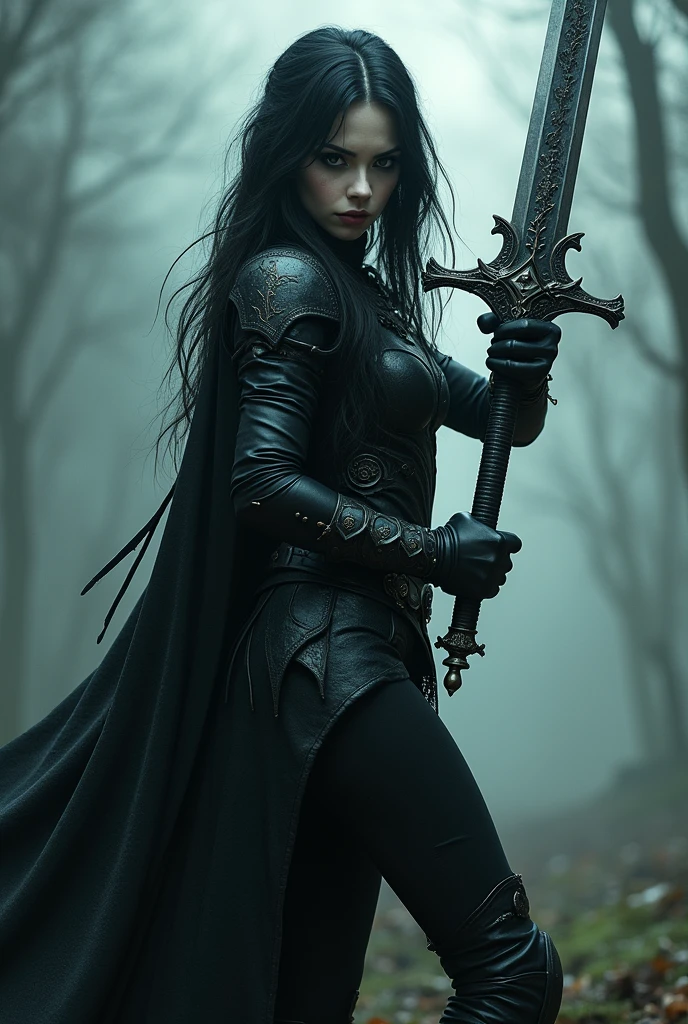 keep the art style but turns to a gothic girl warrior with a sword with a powerful aura using the first picture that you gave me