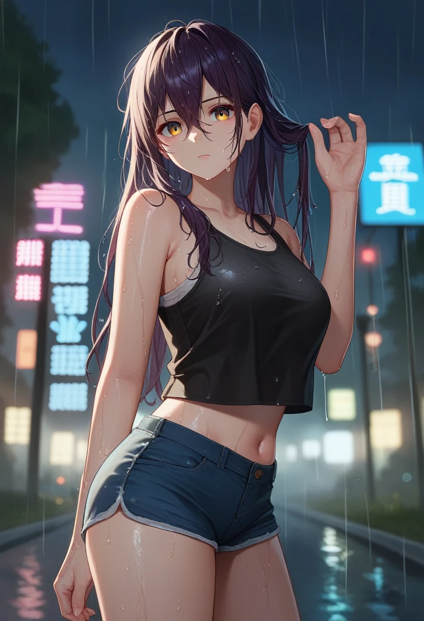 1girl,solo,long hair,Rough skin,(looking at viewer:1.2),wet hair,micro_shorts,dark,polaroid,(depth_of_field:1.5),rainy days,outdoors,street,hair between eyes,moody lighting,Tyndall effect,Cinematic Lighting,night,lamppost,lens flare,available light,rim light,glowing neon lights,curvy,chinese_style,