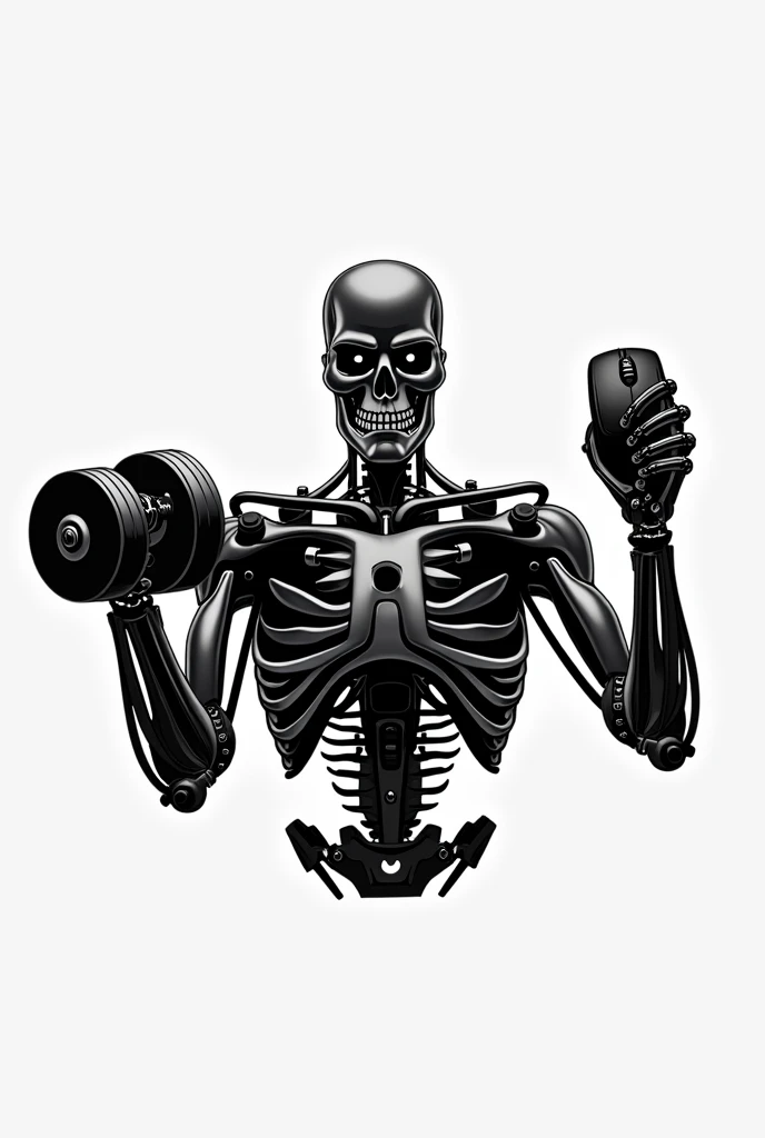 a minimalist black and white logo of a t800 holding a gym dumbbell and a mouse in the other hand