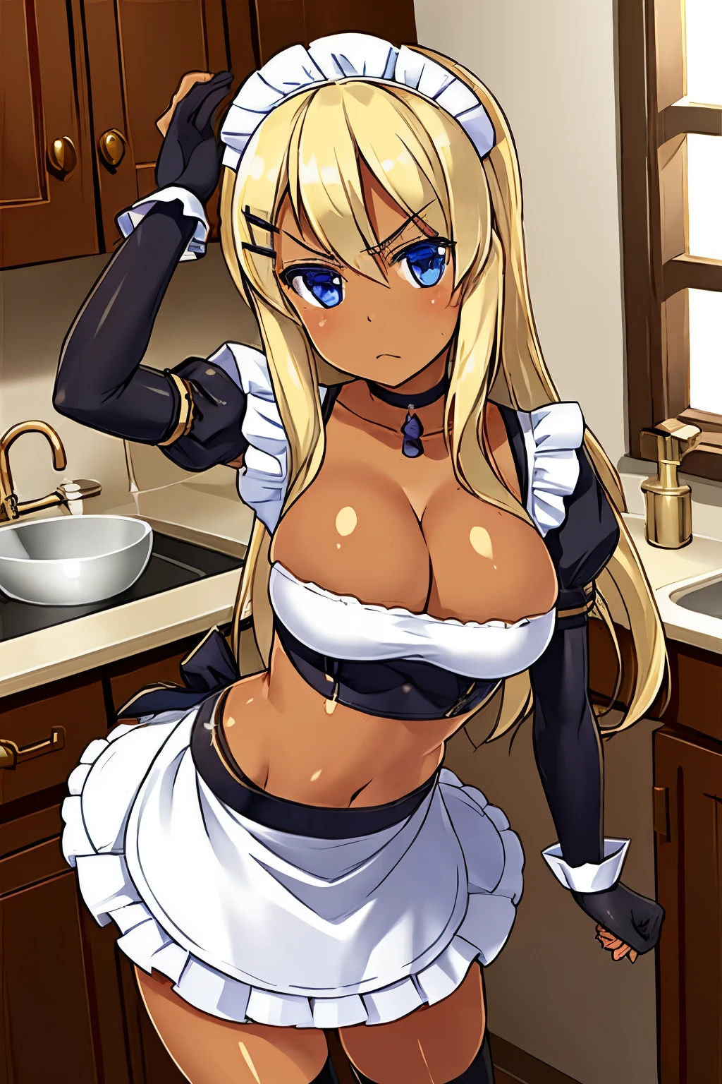 masterpiece, best quality, detailed face, detailed eyes, 1girl, solo, solo focus, HUGoldie, blonde hair, long hair, hairclip, (dark skin,) blue eyes, choker, midriff, (cleavage), (maid), black miniskirt, frilled skirt, puffy short sleeves, elbow gloves, (indoors, kitchen,) frown, focused, v-shaped eyebrows, light frown, leaning forward, skindentation, sink, counter, cabinet, window, arms up,