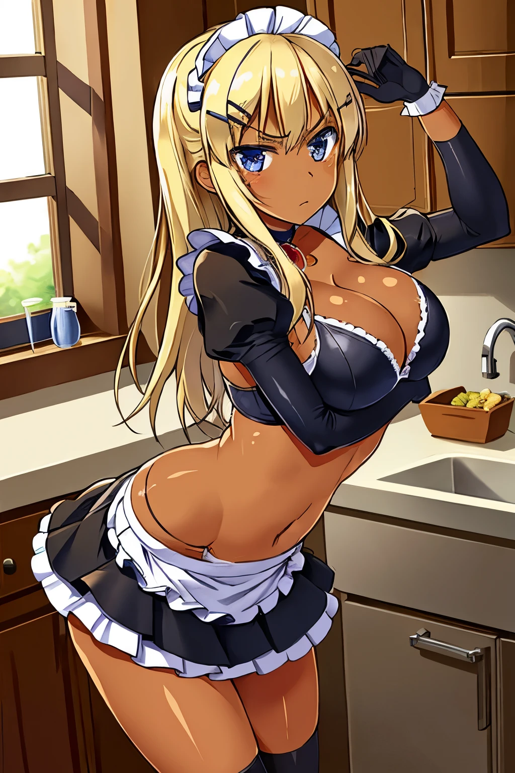 masterpiece, best quality, detailed face, detailed eyes, 1girl, solo, solo focus, HUGoldie, blonde hair, long hair, hairclip, (dark skin,) blue eyes, choker, midriff, (cleavage), (maid), black miniskirt, frilled skirt, puffy short sleeves, elbow gloves, (indoors, kitchen,) frown, focused, v-shaped eyebrows, light frown, leaning forward, skindentation, sink, counter, cabinet, window, arms up,