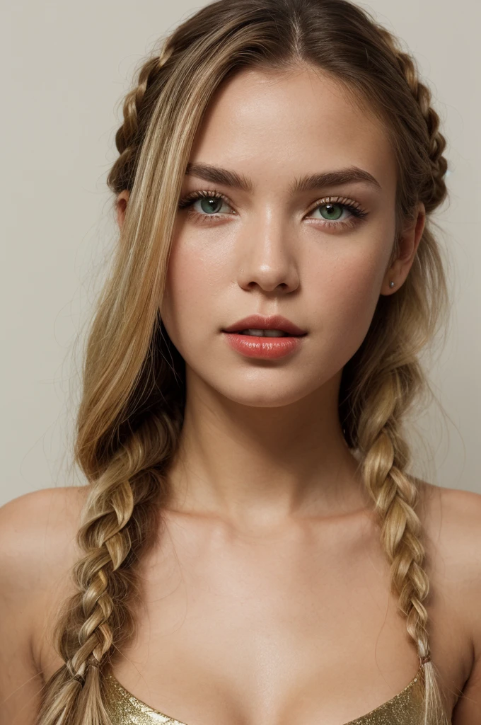 photo realistic, 8k resolution, 18 years old, very tan skin, blonde hair, long hair, hair in braid, green eyes, beautiful face, detailed face, cute face, cutest face, close up of face, red lip stick, gold jewelry, skinny, body, submissive look, neutral white background