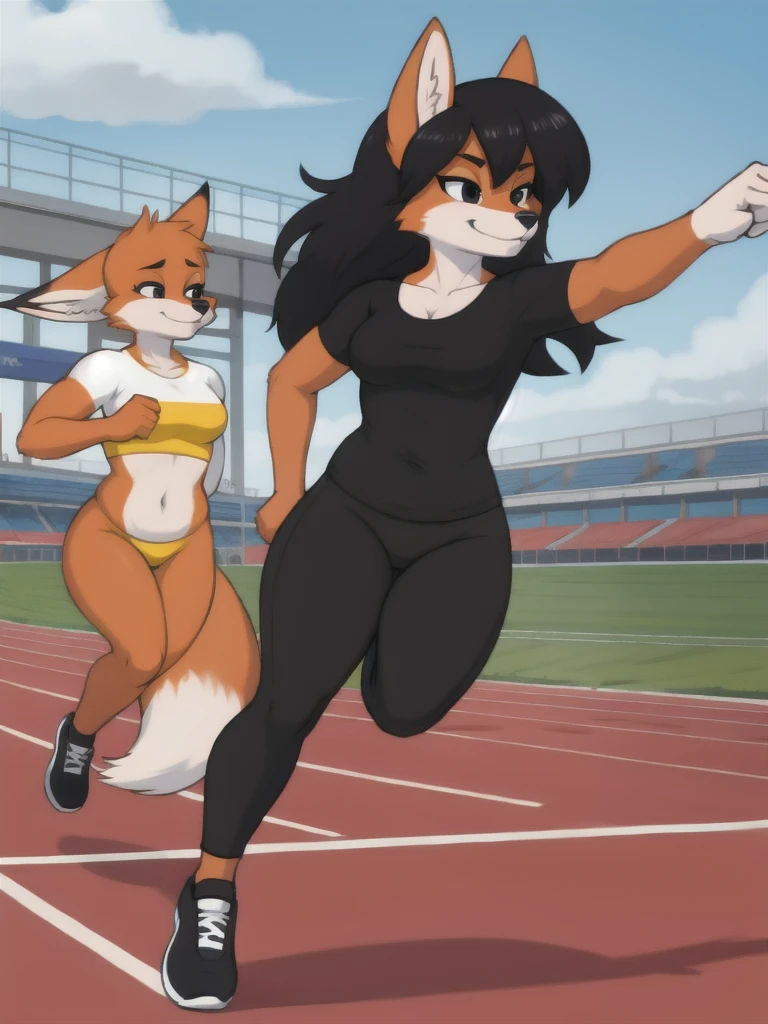 Furry, fox, female, black shirt, black leggings, shoes, running track, friends, full body
