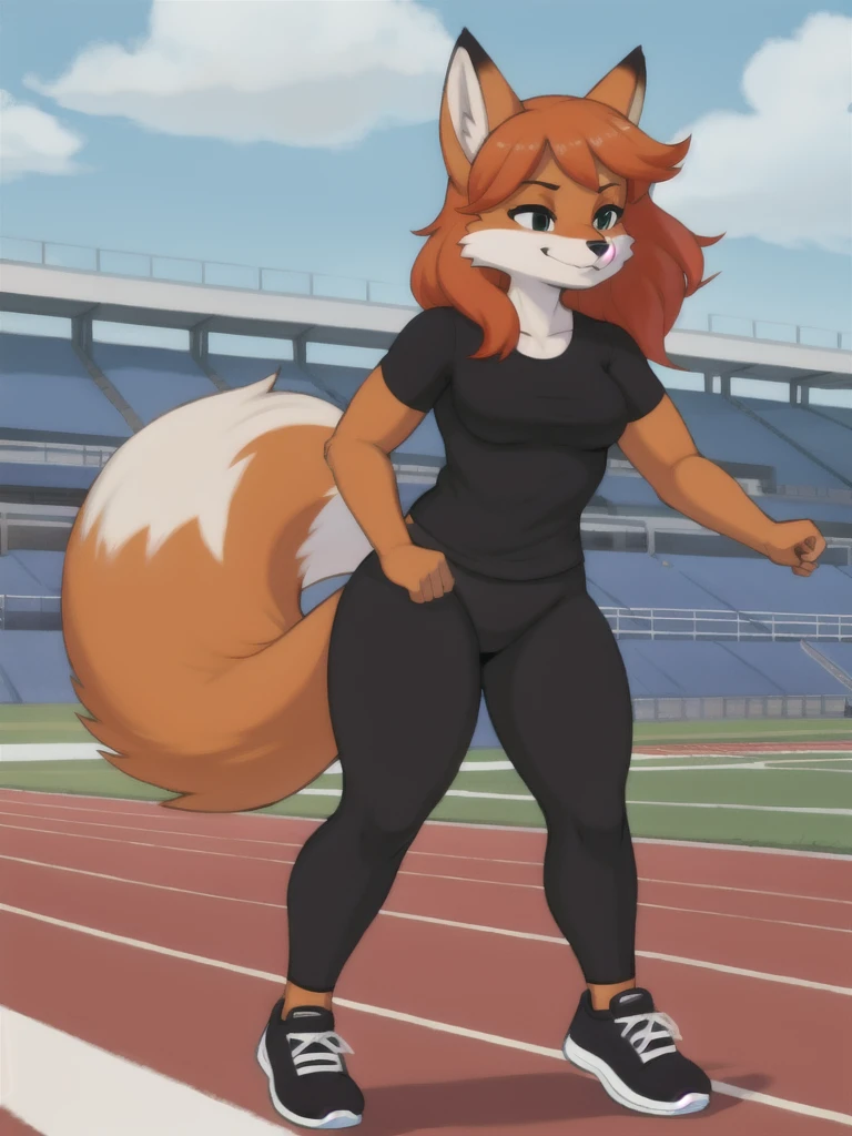 Furry, fox, female, black shirt, black leggings, shoes, running track, friends, full body