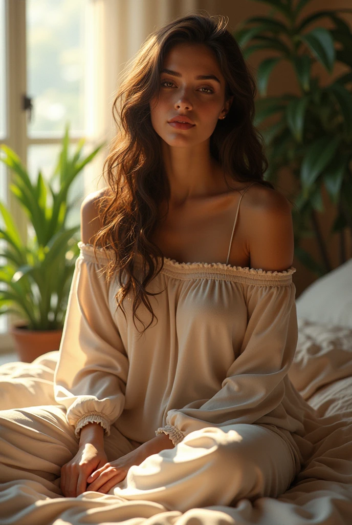 (photorealism:1.2), beautiful woman, sitting on bed, wearing loose off-shoulder top, pajama pants, long curly hair, indoors, soft lighting, plants in background, window with sunlight, cozy room, relaxed pose, realistic, intricate details, warm colors, by Greg Rutkowski, by Alphonse Mucha