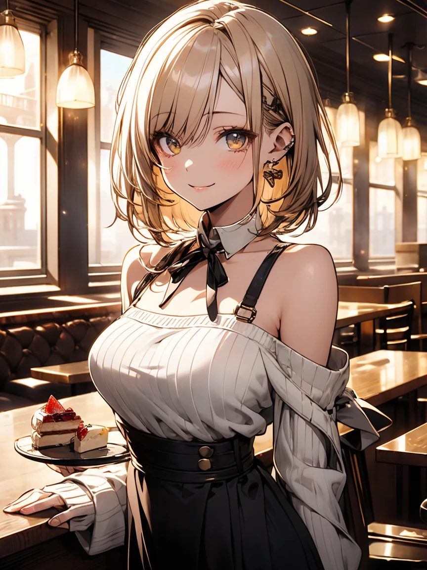 masterpiece, absurdres, best quality, ultra detailed, high Resolution, detailed illustration, extremely beautiful detailed face and eyes, bright colour, 1girl, cute face, Delicate beautiful face, yellow eyes, cute eyes, sparkling eyes, big eyes, medium breasts, (perky breasts:1.1), (pointy breasts:1.1), medium hips, glamorous body, white skin, smile, BREAK, long bob cut, (blonde hair:0.8), messy hair, detailed hair, shiny hair, BREAK off shoulder sweater, long skirt, tiny ribbon, restaurant, shortcake, real world, natural lights, perfect lighting,