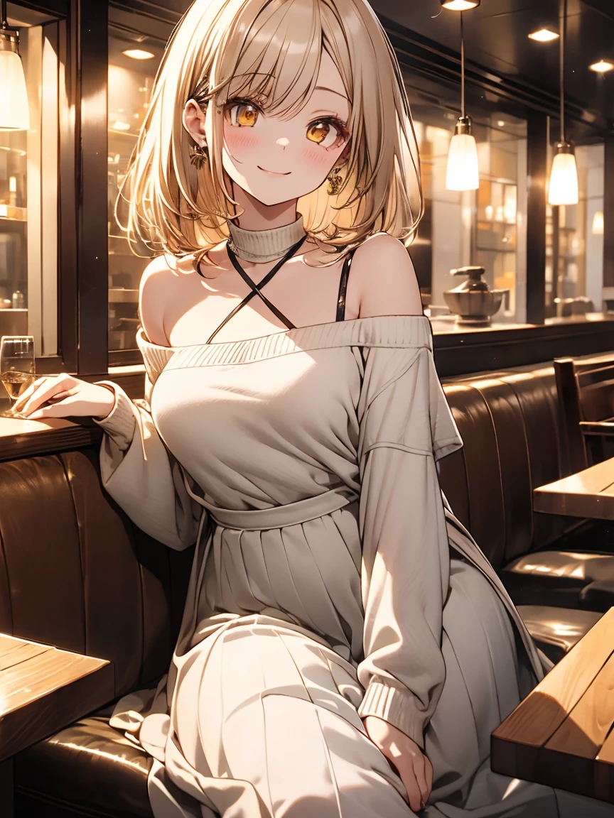 masterpiece, absurdres, best quality, ultra detailed, high Resolution, detailed illustration, extremely beautiful detailed face and eyes, bright colour, 1girl, cute face, Delicate beautiful face, yellow eyes, cute eyes, sparkling eyes, big eyes, medium breasts, (perky breasts:1.1), (pointy breasts:1.1), medium hips, glamorous body, white skin, smile, BREAK, long bob cut, (blonde hair:0.8), messy hair, detailed hair, shiny hair, BREAK off shoulder sweater, long skirt, tiny ribbon, restaurant, shortcake, real world, natural lights, perfect lighting,
