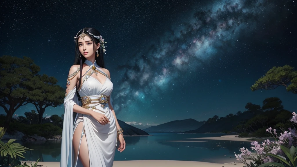 seed:939735112. A stunning 8K cinematic anime-style illustration depicts a beautiful woman in ancient attire, standing on silver-white sand , a starry night sky. Her long, black hair is adorned with elegant hairpins, and her eyes are black like deep pools. She wears intricate white ancient Chinese clothes, accessorized with exquisite jewelry. hold body. The background highlights the vast universe with a galaxy of stars, while the surroundings include laurel trees. The atmosphere is calm and cool, with vibrant colors and intricate details, evoking a sense of high-quality, almost painterly, animation., vibrant, anime, painting, cinematic, illustration