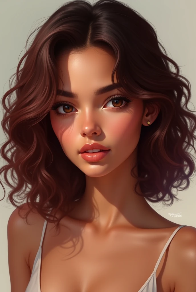 Create a hyperrealistic illustration of a young woman, with defined features and a marked jaw, dark brown eyes, Medium curly and long burgundy hair, Tanned skin big eyes and long eyelashes, that doesn't look like a doll, with the imperfections, but attractive, round face, thick lips, Wide nose, she is latin, mexican