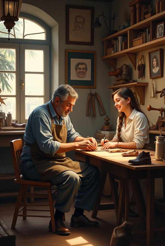 Inside a house, A man is working in his shoe workshop. , while his wife Rosa watches him with a smile drawn in pencil