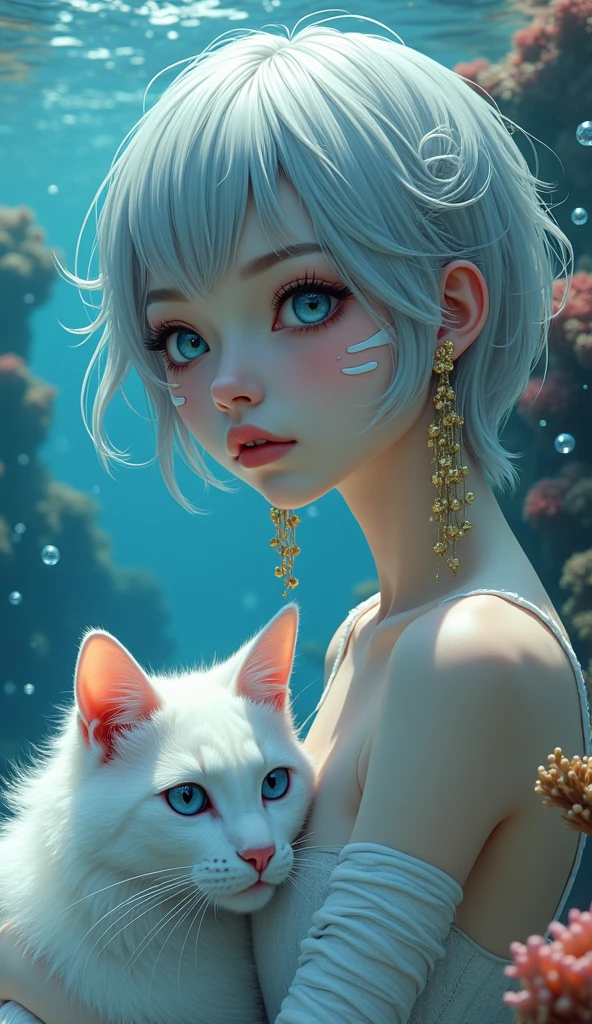 masterpiece, best quality, 8K resolution, very detailed, hairy,blue eyes, gray hair, Short hair, water elements, Underwater background, White cat, White skin, white stripes, White bracelet, corals,bubble, Gold earrings